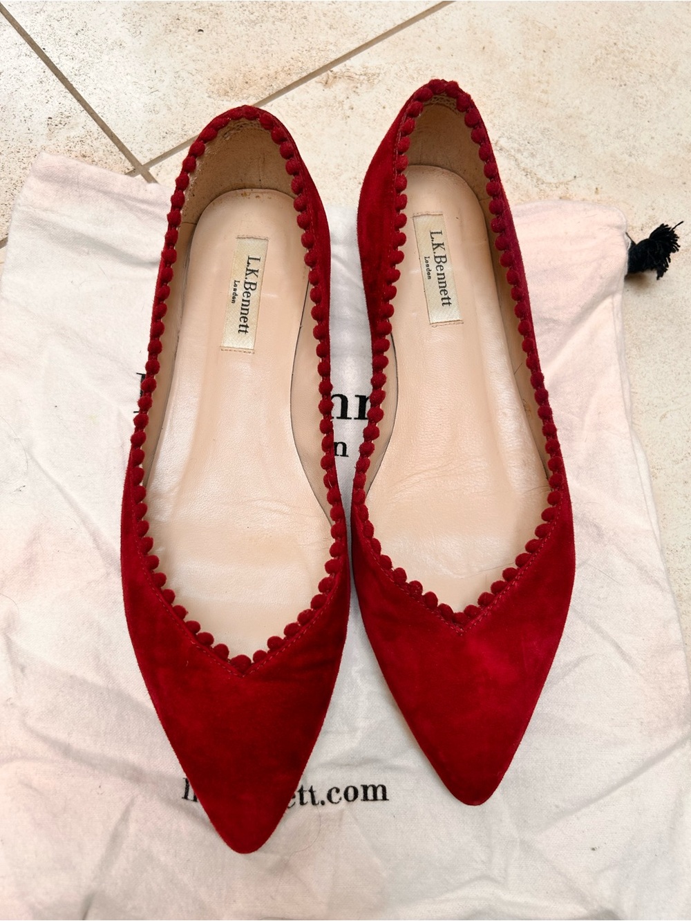 LK Bennett Raspberry Suede Pointed Ballet Flats with Pom Pom Trim